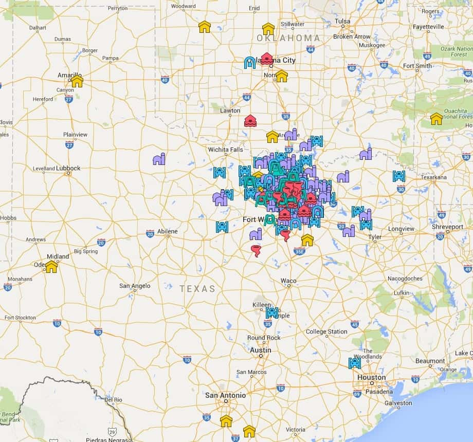 Zoomed out map showing all customer locations across Texas, Oklahoma, Arkansas, and Colorado